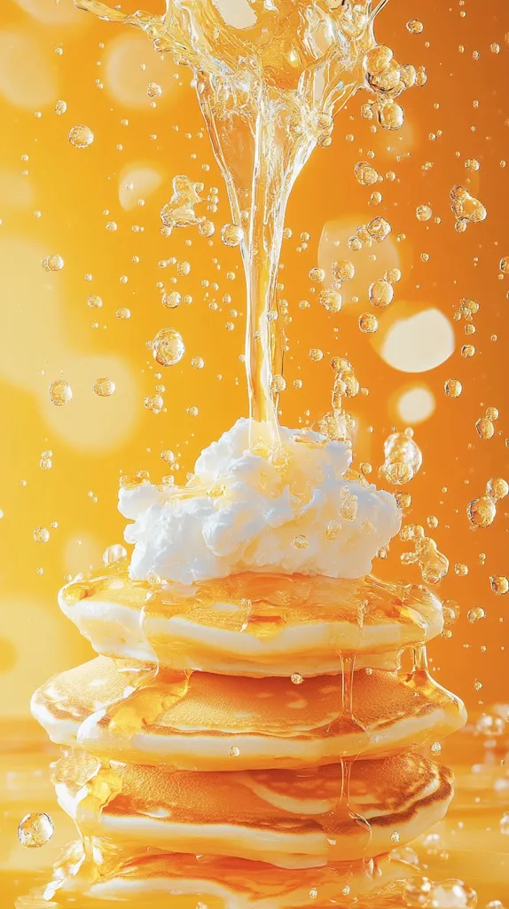A stack of golden pancakes is drizzled with a stream of honey, creating a cascade of droplets. The pancakes are topped with fluffy whipped cream, and the scene is set against a background of golden yellow and white bokeh, adding a touch of whimsy to the sweet treat. The image captures the essence of a delightful breakfast or dessert, inviting you to indulge in its sugary goodness.