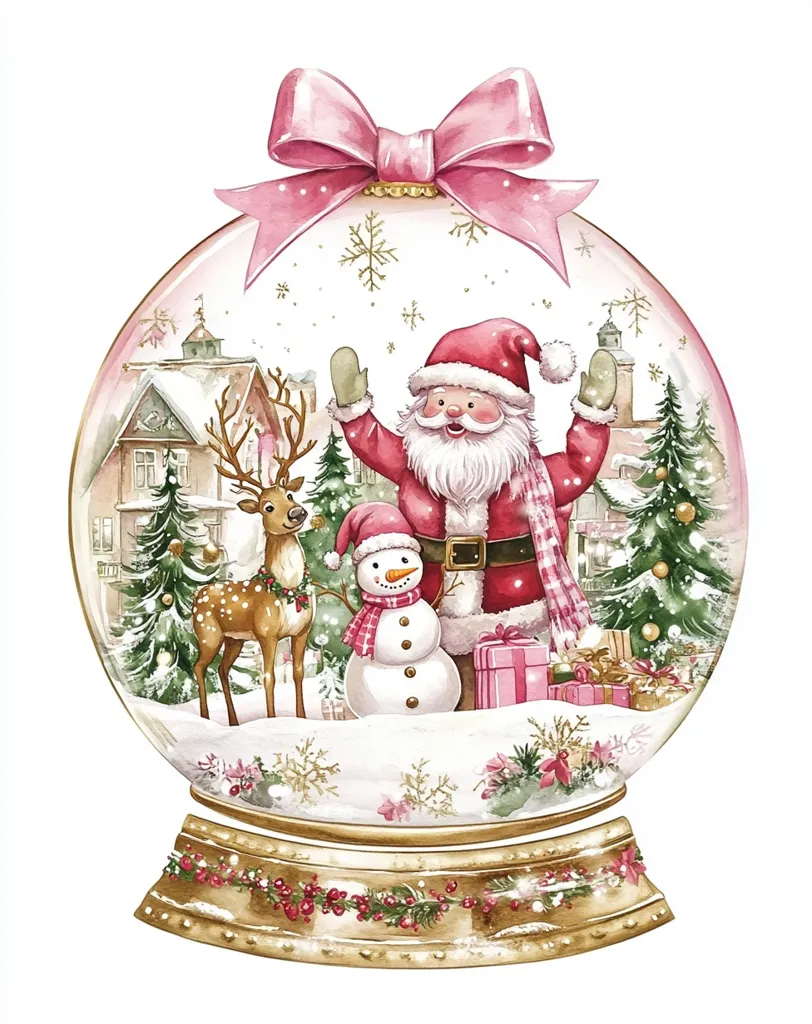 A snow globe with a pink ribbon on top depicts a winter wonderland scene.  Inside, Santa Claus waves to a reindeer and snowman in front of a snowy village.  The snow globe rests on a gold base with a red berry garland.  Sparkly snowflakes and glittering lights create a magical feel.