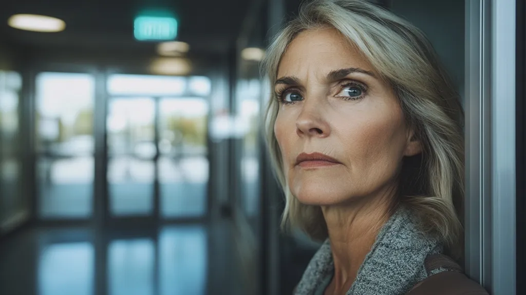 A woman with blonde hair stands in a hallway, her face is turned towards the camera.  She appears to be looking at something just out of view of the camera.  The hallway is blurred and out of focus behind her.  She appears to be lost in thought.