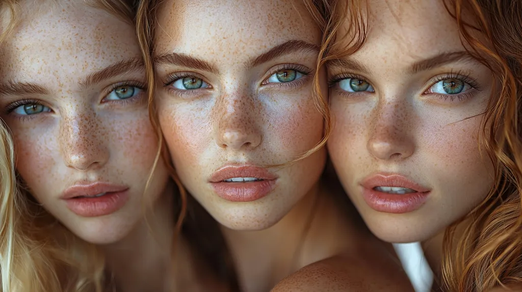 The image shows the close-up faces of three young women with freckles. They are all looking at the camera, with their eyes wide open and their lips slightly parted. The women have light skin and long hair, and they are all wearing minimal makeup. The image is soft and ethereal, with a focus on the women's natural beauty. The lighting is soft and warm, giving the image a romantic feel.