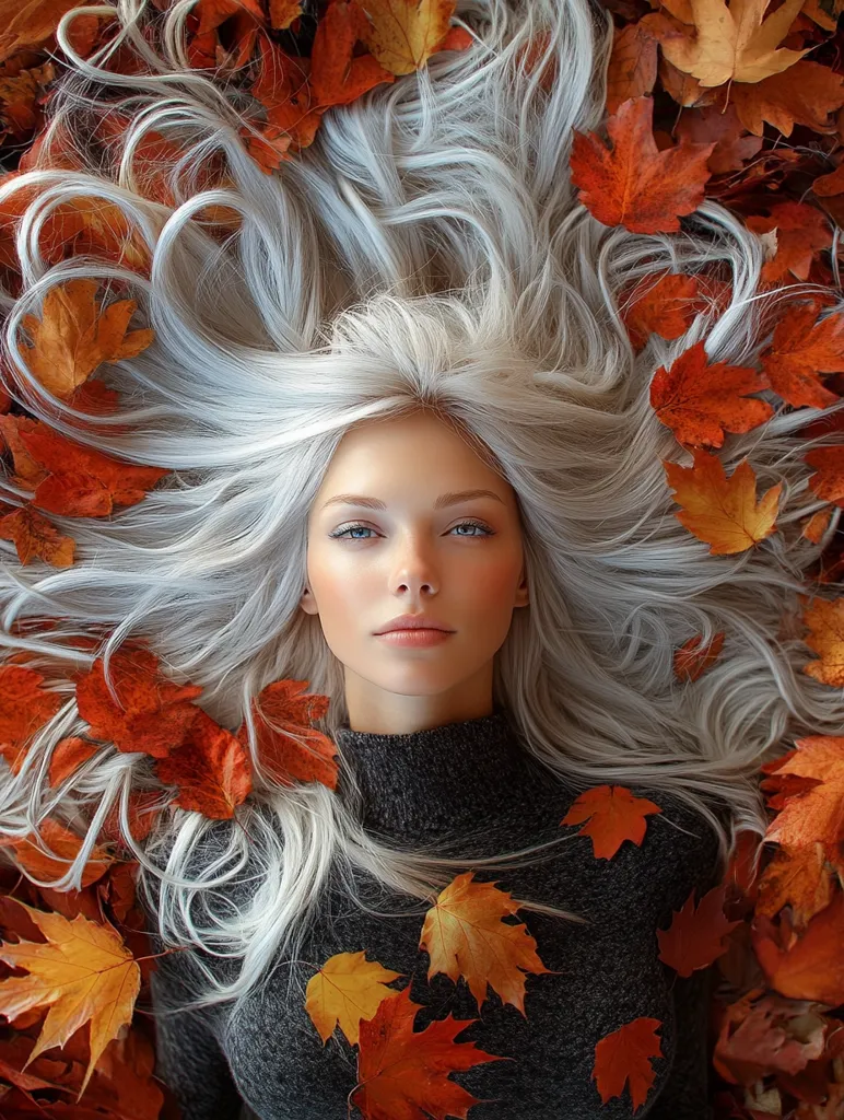 A woman with long, flowing silver hair lies on a bed of fallen autumn leaves.  Her eyes are soft, and her expression is serene as she gazes up at the camera. She is wearing a grey turtleneck sweater, and her hair is spread around her like a blanket. The image is full of warm colors and textures, creating a sense of cozy autumnal charm.