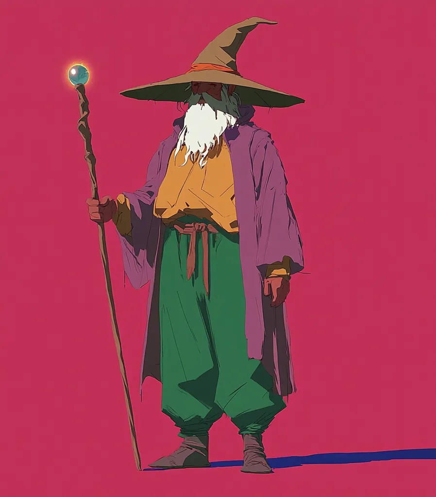 A cartoon wizard stands against a bright pink background. He wears a purple robe, a pointed hat, and green pants. He has a long white beard and is holding a staff with a glowing blue orb at the top. The wizard's expression is neutral, and he appears to be looking off to the side. The image is drawn in a stylized, minimalist style with bold colors and simple outlines.