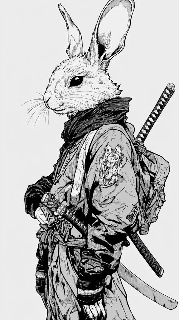A black and white illustration depicts a rabbit dressed as a samurai. It wears a long-sleeved coat with a scarf around its neck, and has a sword strapped across its back. The rabbit holds a second sword in its hand. Its fur is drawn in detail, and its expression is fierce.