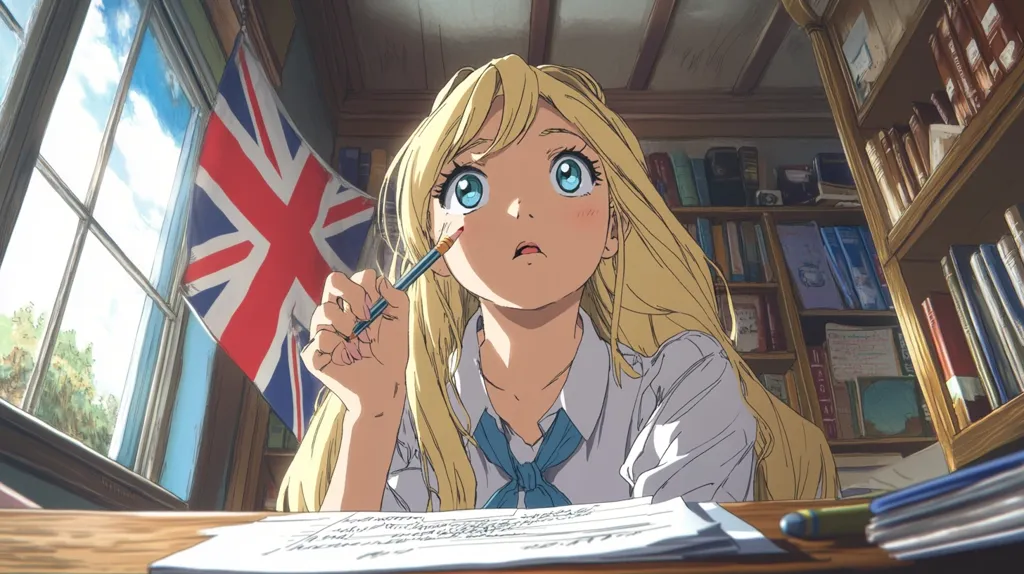 A young woman with long blonde hair sits at a desk, holding a pencil and looking up with a thoughtful expression.  She is wearing a white shirt with a blue tie and has a blush on her cheeks.  There is a Union Jack flag hanging behind her and a bookshelf filled with books in the background.  The scene is set in a bright, sunny room.