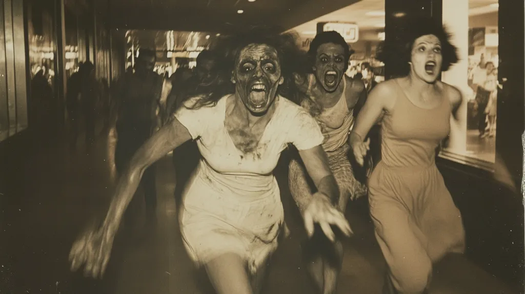 The image is a black and white photograph of three women running in a hallway, seemingly in a state of panic or fear. Two of them are covered in dirt or grime, with one appearing to have blood on her dress. The third woman is clean, but her expression is one of terror. The image captures a sense of urgency and danger.