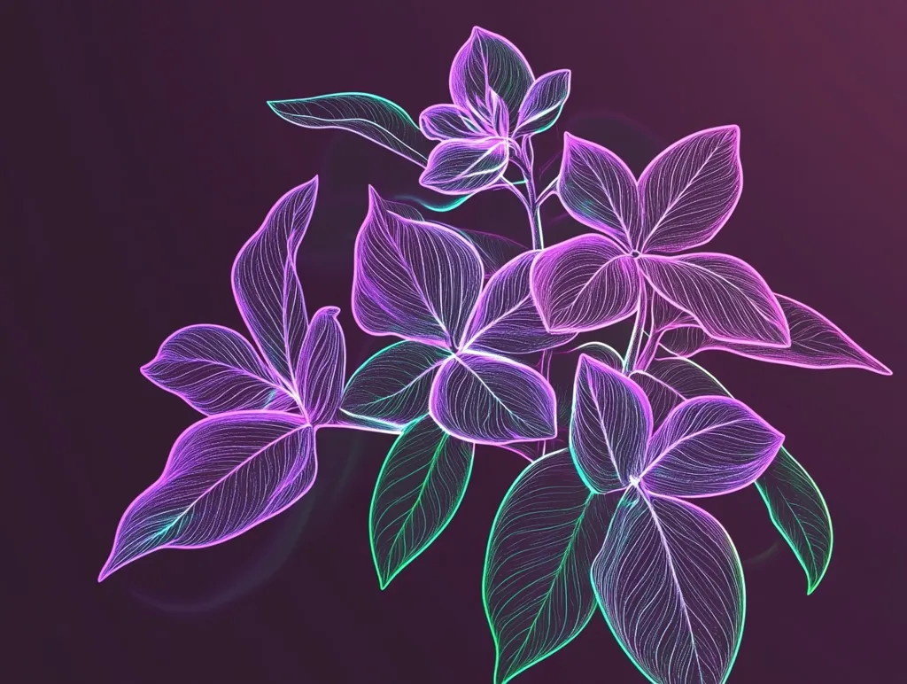 A cluster of delicate, line-drawn flowers and leaves in shades of purple and green against a dark background. The flowers have a slightly ethereal, almost translucent quality. The intricate details of the veins and petals are highlighted with a soft glow. The overall composition is a minimalist and visually appealing representation of nature.