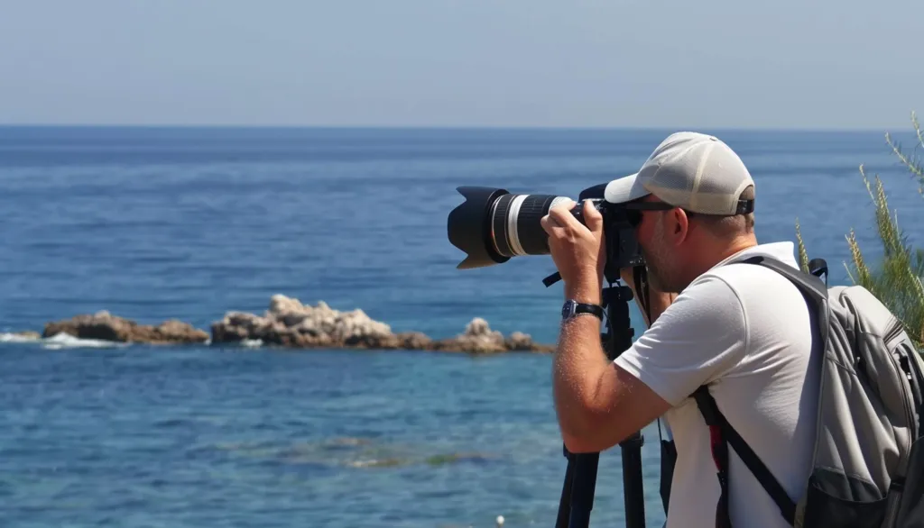 A man in a white shirt and a cap is taking a photograph with a large camera lens mounted on a tripod. He is standing on a cliff overlooking a blue ocean with rocky outcrops in the foreground.  The image is taken from a slightly elevated perspective. The man's expression is focused, suggesting he is intently capturing the scene.