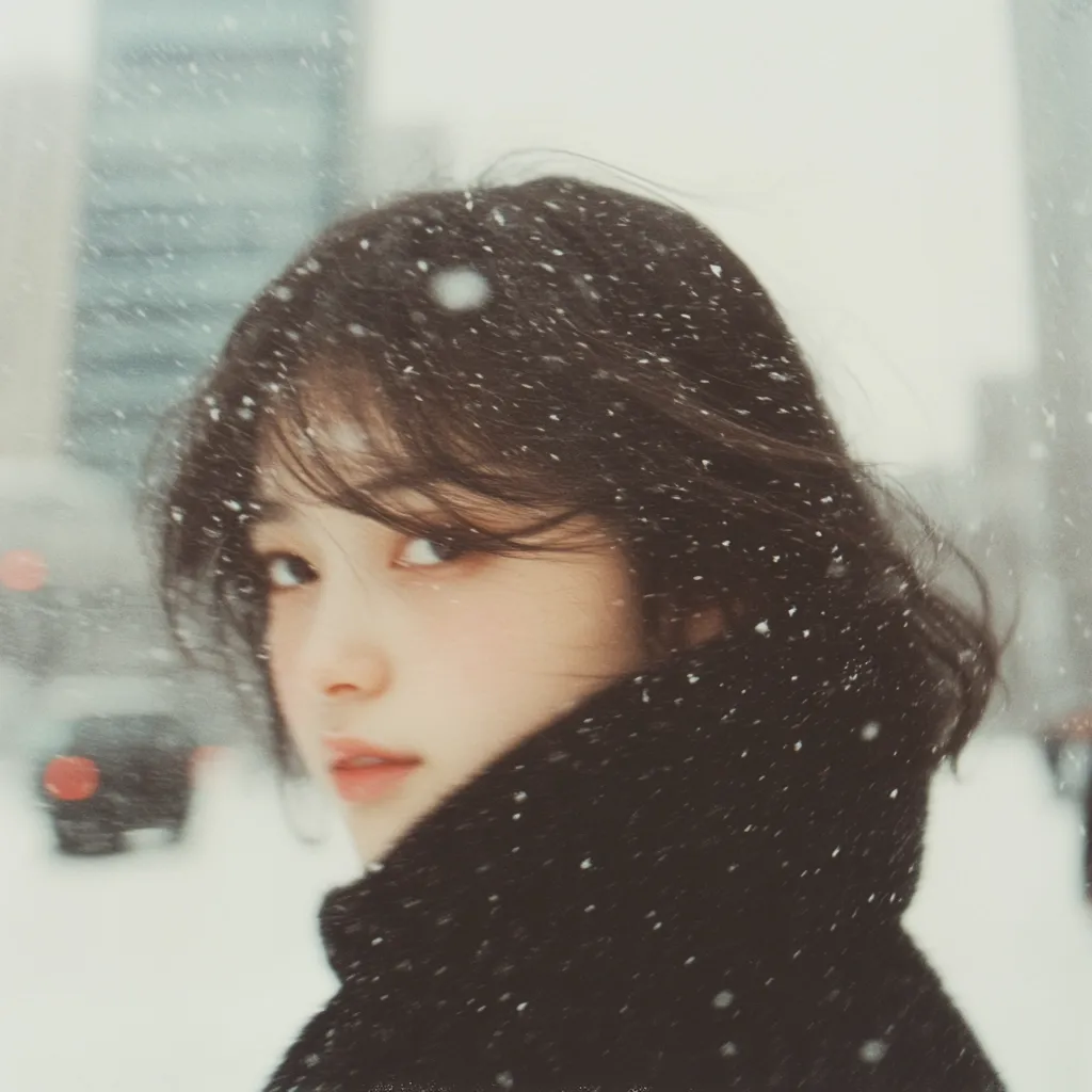 A young woman with dark hair looks over her shoulder at the viewer, her face framed by a soft snowfall. The woman is wearing a black coat and her face is partially obscured by a strand of hair. The background is blurry, with buildings and a car visible through the falling snow. The image has a dreamy, ethereal quality.