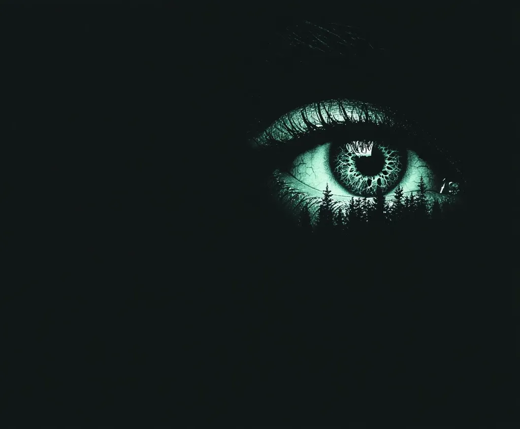 A close-up of a green eye, with an overlay of trees and a forest. The image is dark and mysterious, with the eye looking directly at the viewer. The image evokes a sense of both beauty and unease, making the viewer wonder what lies behind the forest. The image is likely a metaphor for the unseen world, or the mysteries that lie within us all.