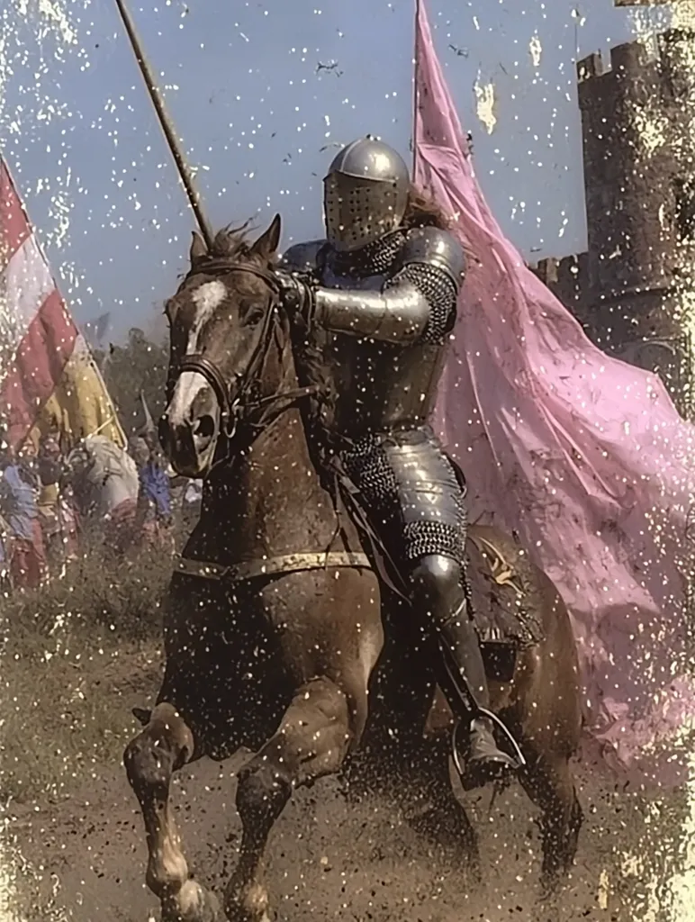 A knight in full armor rides a brown horse towards the right of the image. He is holding a lance in his right hand and his left hand is on the horse's reins.  He is wearing a pink cape and a white helmet. The background is a blurred castle, a field of people, and a large pink flag. The image is grainy, with a distressed texture.