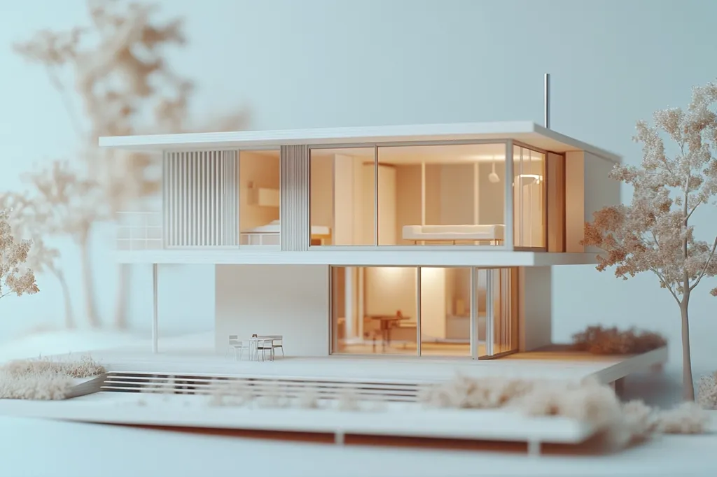 The image shows a miniature model of a modern house, made of white wood. The house has large windows and a spacious patio with a small table and chairs. The house is surrounded by miniature trees and bushes, creating a serene and minimalist setting. The image has a soft, warm lighting, highlighting the details of the model. It feels like a glimpse into a dreamlike world of architecture and design.