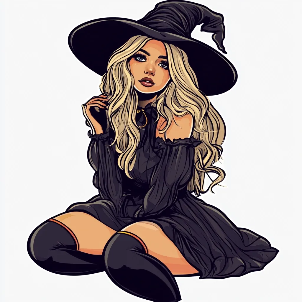 The image depicts a woman dressed as a witch. She is wearing a black witch hat, a black dress with a ruffled neckline, and black thigh-high stockings. Her long blonde hair is styled in loose curls and falls down her back. She is sitting with her legs crossed, her gaze directed towards the viewer, and she has a thoughtful expression. The background is white, making the witch the central focus of the image. The overall tone is whimsical and enchanting, evoking a sense of fantasy and magic.