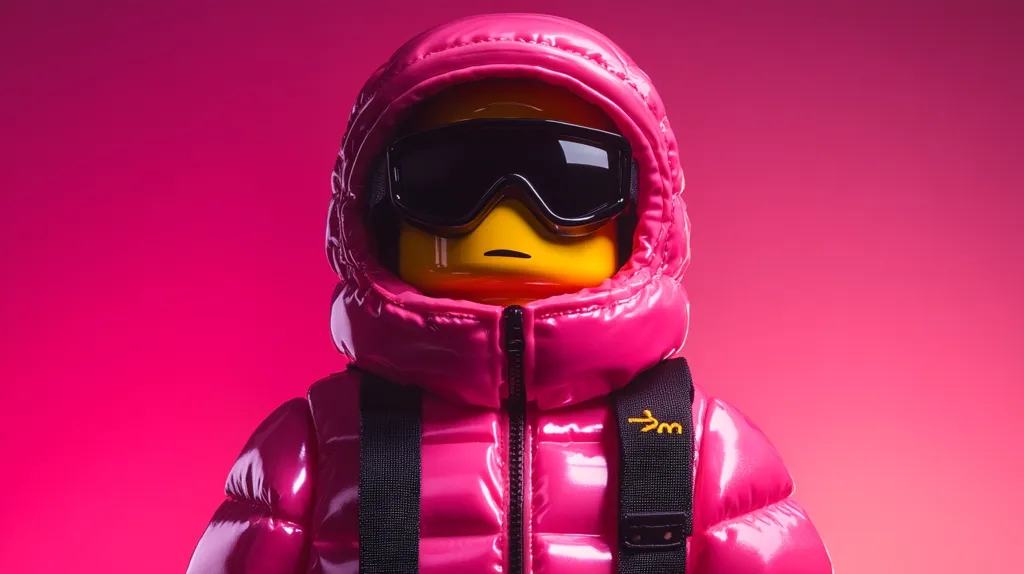 A close-up shot of a Lego figure wearing a bright pink puffer jacket and black ski goggles. The figure has a yellow face with a neutral expression. The background is a solid pink. The image has a playful and whimsical tone.