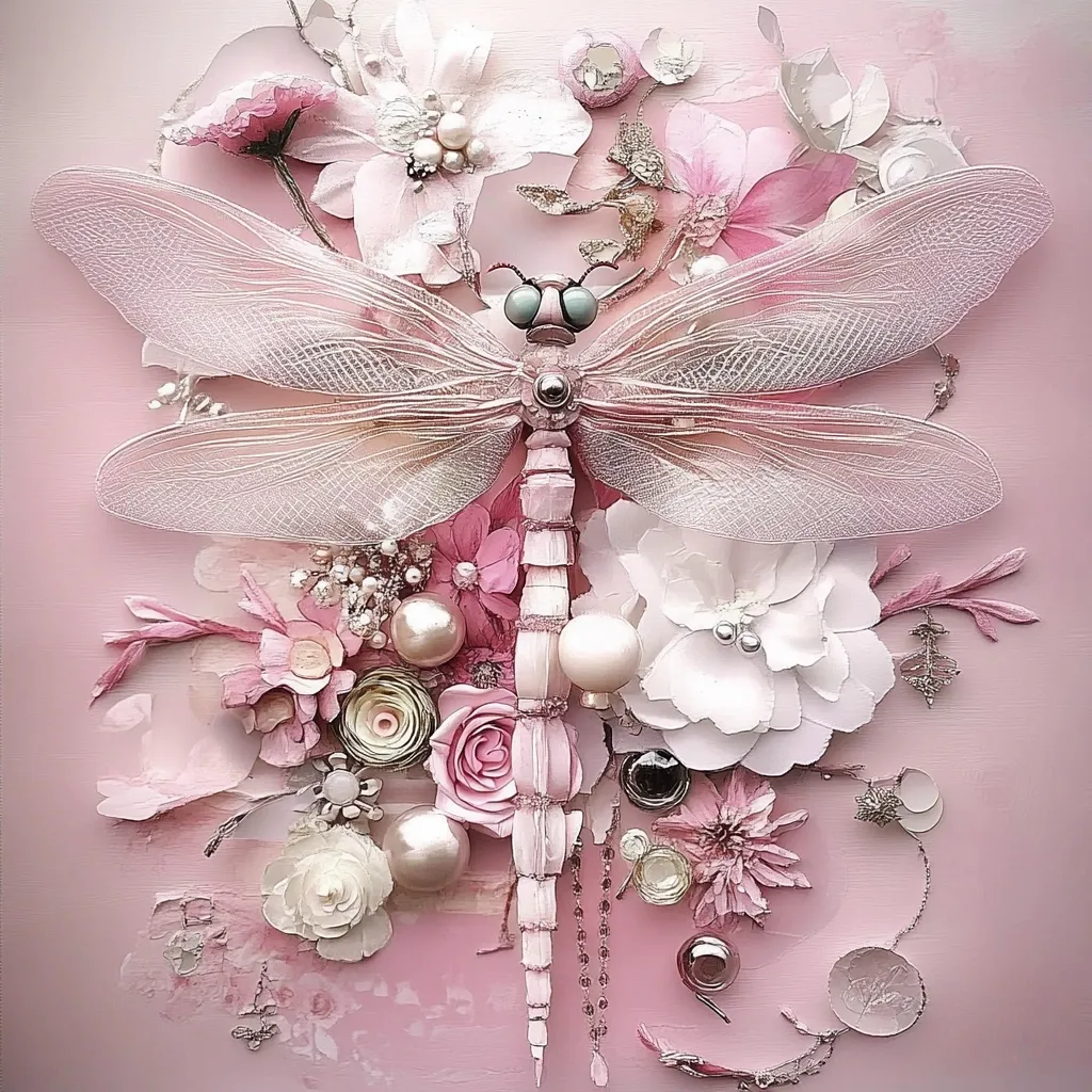 A delicate pink dragonfly with translucent wings is the centerpiece of this intricate art piece. Surrounding the dragonfly are delicate, white and pink flowers, adorned with pearls and other embellishments. The artwork is set against a soft pink background, giving it a romantic and whimsical feel.