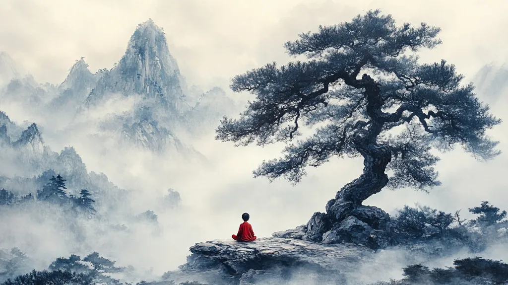 A lone figure in red sits in meditation on a rocky cliff overlooking a misty mountain landscape. A large pine tree branches over the cliff, its silhouette stark against the pale sky. The scene evokes a sense of peace and tranquility, with the figure finding solace in the natural world.