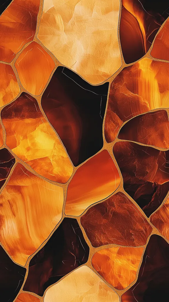 The image shows a mosaic of irregular, interlocked shapes in warm, earthy tones. The colors range from rich brown and deep black to light orange and golden yellow. The outlines of the shapes are highlighted in a fine, golden line, adding a touch of elegance to the design. The overall effect is a mesmerizing and visually appealing pattern that evokes a sense of warmth and comfort.