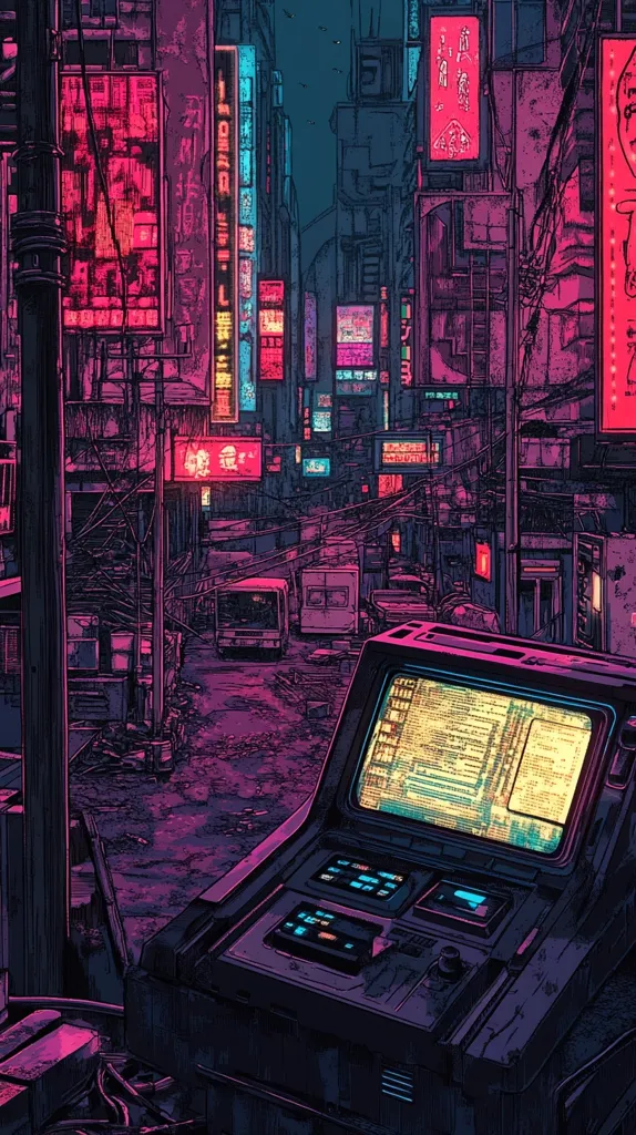 The image depicts a futuristic cityscape with tall buildings lined with neon signs and glowing advertisements. The perspective is from the street level, looking down a narrow alleyway towards a large, futuristic-looking machine with a screen displaying a complex code or data stream. The scene is bathed in a warm, neon glow, creating a sense of mystery and intrigue. The overall aesthetic is cyberpunk, with a mix of advanced technology and urban decay.