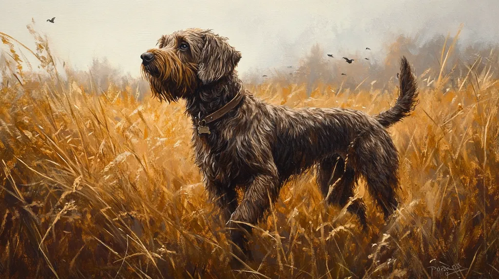 A dark brown dog with a long, shaggy coat stands in tall, dry grass. Its head is tilted slightly to the side as if listening. The dog has a leather collar with a tag around its neck. The background is a hazy field with some birds flying overhead. The painting has a soft, muted color palette.