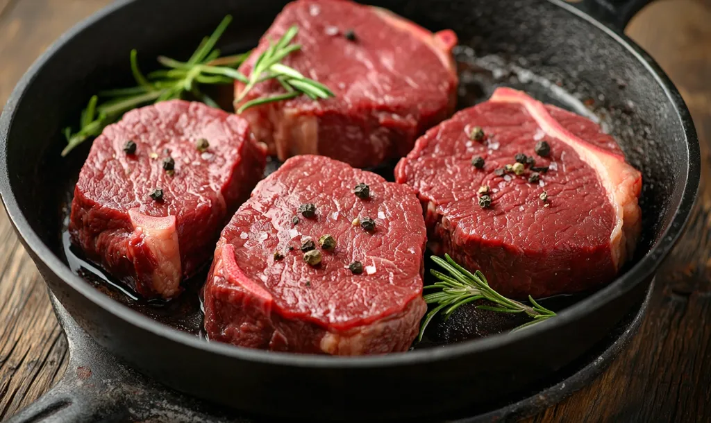 Four raw beef steaks, seasoned with salt and pepper, sit in a cast iron skillet. Sprigs of rosemary are scattered throughout the pan. The steaks are a deep red color, and the pan is black. The steaks are ready for cooking, and the image evokes the smell of sizzling meat.