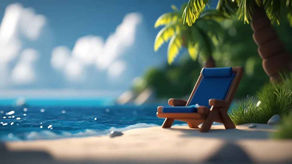 A single blue beach chair sits on a sandy beach, facing the ocean. The chair is made of wood with a blue cushion. The ocean is a vibrant blue with whitecaps and is in the background. Lush green palm trees are on the right, and the sky is a clear blue with white clouds. The scene depicts a serene and relaxing beach scene, perfect for a vacation.