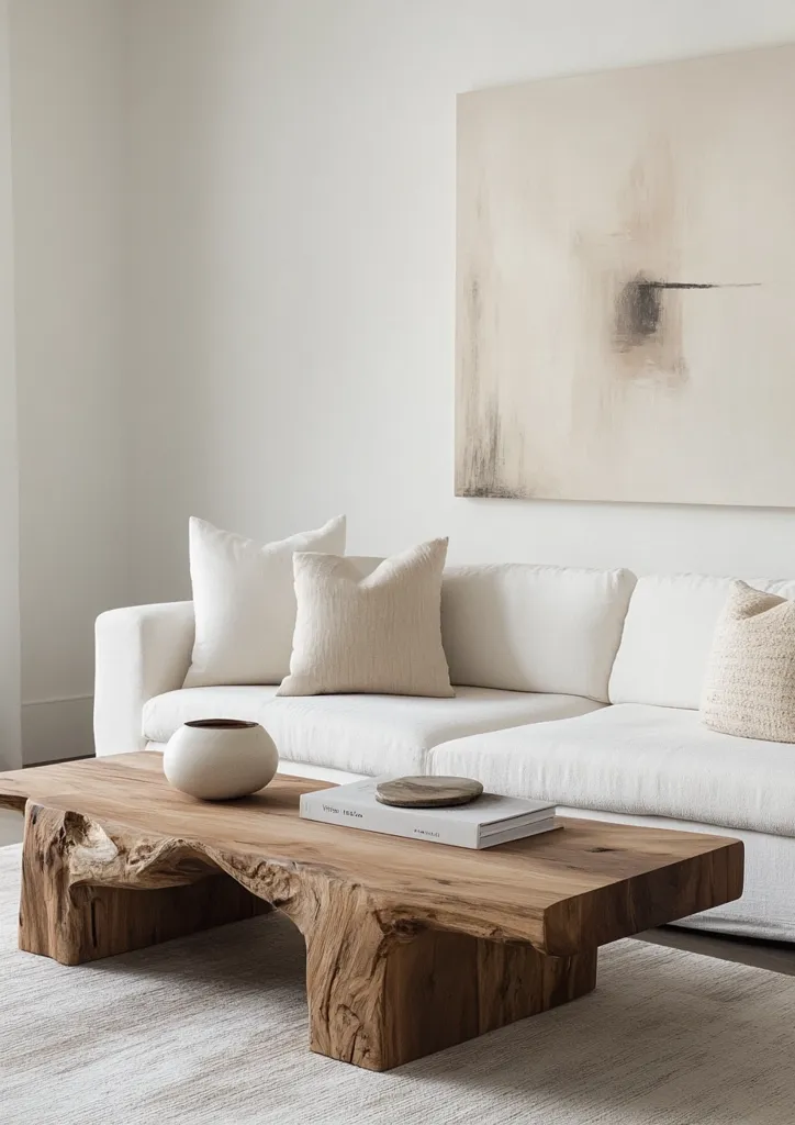 A minimalist living room with a white sofa and a rustic wooden coffee table. The sofa is adorned with soft, white and beige pillows, while the coffee table features a natural, organic shape with rough edges. A white ceramic bowl and a book add a touch of elegance to the table. A large abstract painting hangs on the wall above the sofa, adding a subtle pop of color to the room. The overall aesthetic is clean, airy, and inviting, with a focus on natural materials and simplicity.