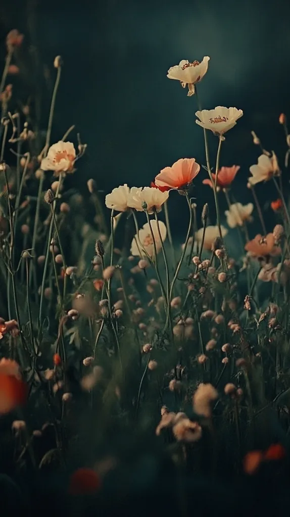 A field of delicate, pale pink and white flowers bloom against a dark green background. The flowers are scattered throughout the image, with some in focus and others blurred. The soft colors of the flowers create a gentle and serene atmosphere. The overall effect is one of peace and tranquility.