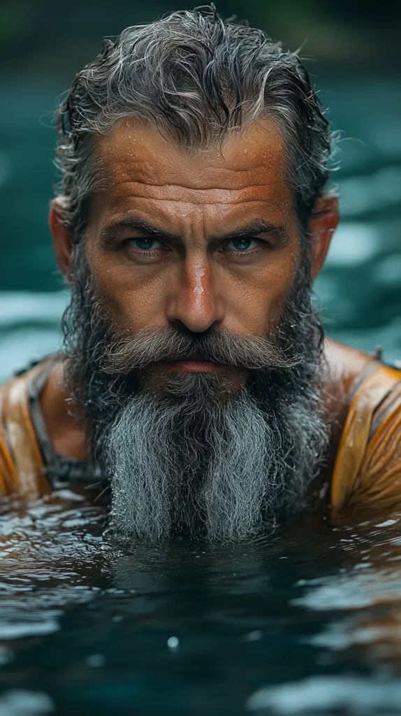A man with a long, grey beard and a serious expression is partially submerged in water. His hair is wet and tousled, and his skin is glistening with water droplets. The image is cropped from the chest up, focusing on the man's face and beard. The background is blurred, creating a sense of mystery and intrigue. The man's gaze is intense and direct, suggesting a powerful and enigmatic personality.  The overall tone of the image is dark and moody.