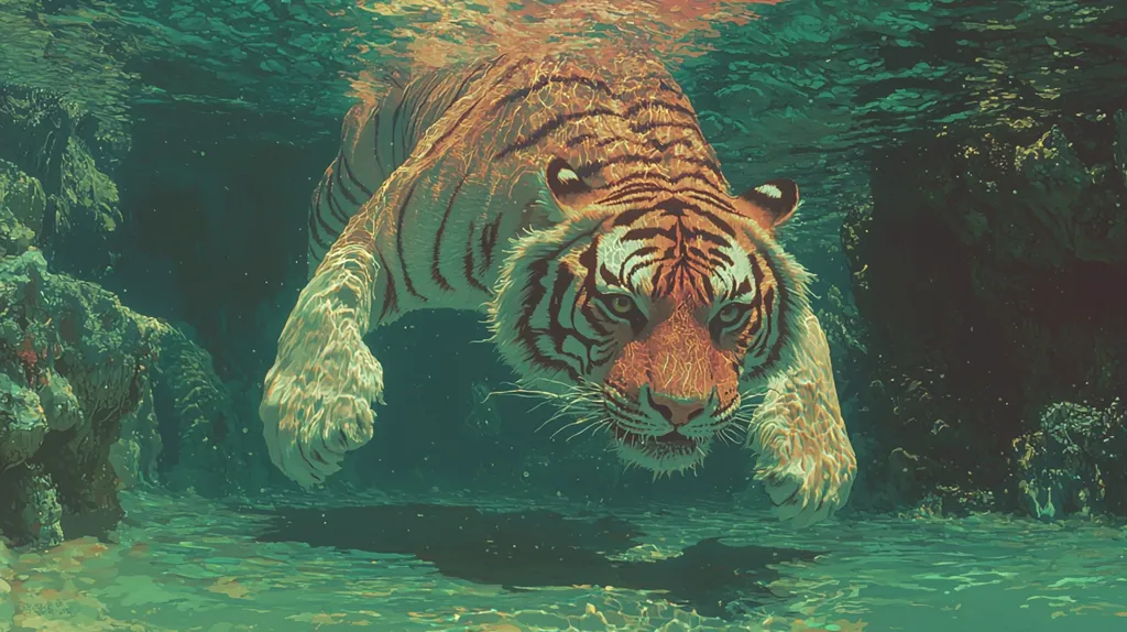 A tiger swims through the water, its orange and black stripes blending with the green hues of the underwater landscape. The tiger's powerful body and intense gaze create a sense of danger and beauty as it moves silently through the depths.
