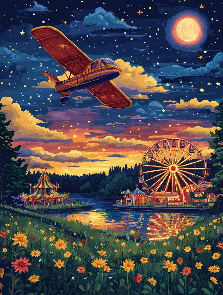 A small plane flies through a starry night sky over a calm lake. The lake reflects the lights of a carnival, including a Ferris wheel, and the sky is awash with colorful clouds. The scene is full of warm hues and a dreamy atmosphere. A field of wildflowers blooms in the foreground.  The image evokes a sense of peace and wonder.