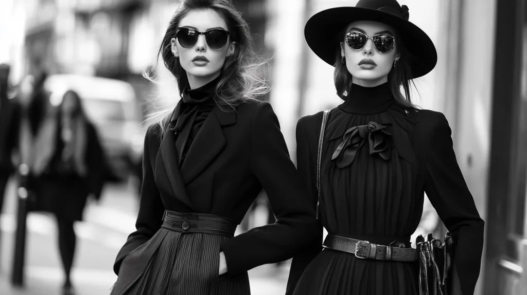 Two women, dressed in black, stand on a city street. The woman on the left wears a blazer, sunglasses, and a striped skirt. The woman on the right wears a dress with a bow, sunglasses, and a hat. The photo is in black and white.