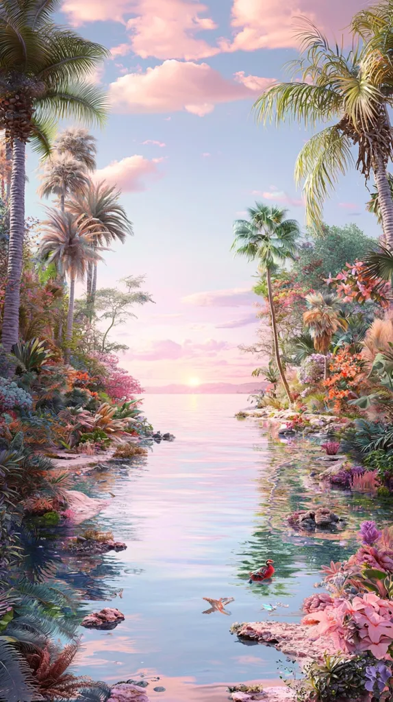 A tropical paradise with palm trees lining a calm lagoon. The water is a tranquil blue and reflects the soft pink clouds in the sky. Lush foliage borders the lagoon, creating a sense of privacy and serenity. The image evokes a feeling of peaceful escape and natural beauty.
