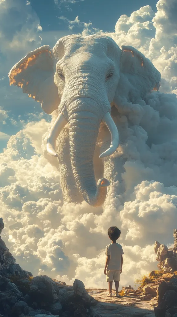 A young boy stands on a rocky cliff, gazing up at a giant white elephant emerging from the clouds. The elephant's trunk stretches towards the boy, its tusks curving down. The sky is filled with fluffy white clouds, creating a dreamlike atmosphere. The scene is surreal and evokes a sense of wonder and awe.