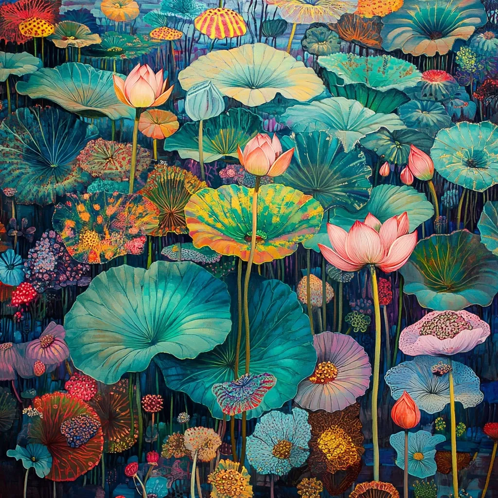 A vibrant and colorful painting featuring a lush garden filled with large, round leaves, delicate pink lotus flowers, and various other colorful blossoms. The leaves come in shades of green, blue, and yellow, creating a sense of depth and texture. The painting captures the beauty and tranquility of a natural scene, with a focus on the intricate details of each element.