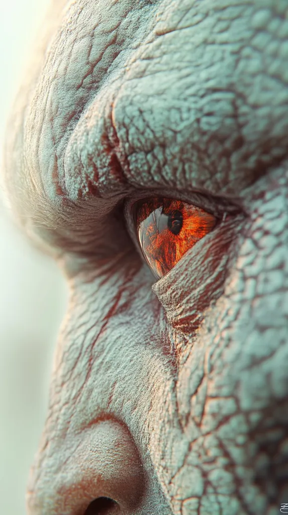 A close-up of a person's face, revealing a deep-set eye with an orange iris and a wrinkled, weathered texture. The focus is on the eye, creating a sense of intensity and mystery. The image evokes a sense of age and experience, possibly hinting at a story behind the gaze.