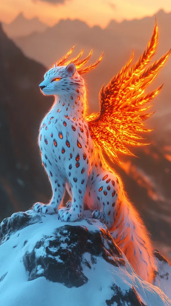 A white, spotted, feline creature with fiery orange wings sits atop a snowy mountain peak, illuminated by the warm glow of a sunset. The creature's gaze is fixed towards the horizon, its powerful presence commanding the attention of the viewer. The contrasting colors of ice and fire create a dramatic visual, hinting at a story of power and mystery.