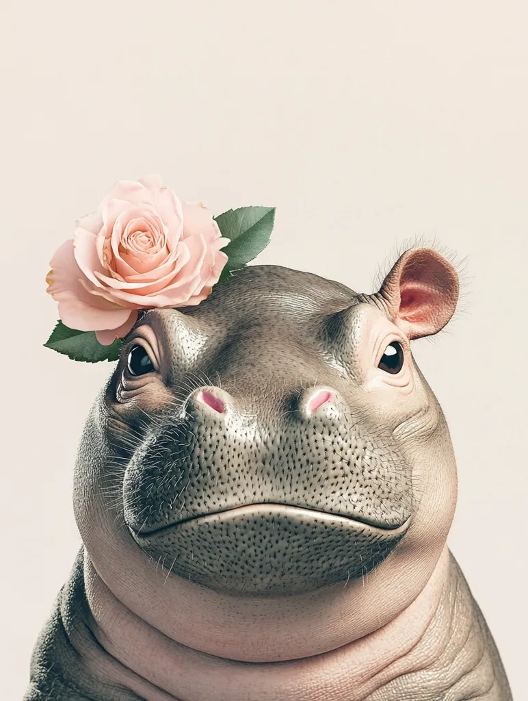 The image features a close-up portrait of a baby hippopotamus with a pink rose tucked behind its ear. The hippopotamus has a soft, pink skin tone and large, dark eyes. Its expression is gentle and curious, making it appear cute and adorable. The background is a simple, off-white color, which highlights the subject's soft features and creates a sense of innocence and tranquility. The overall image is charming and whimsical, evoking feelings of tenderness and affection.