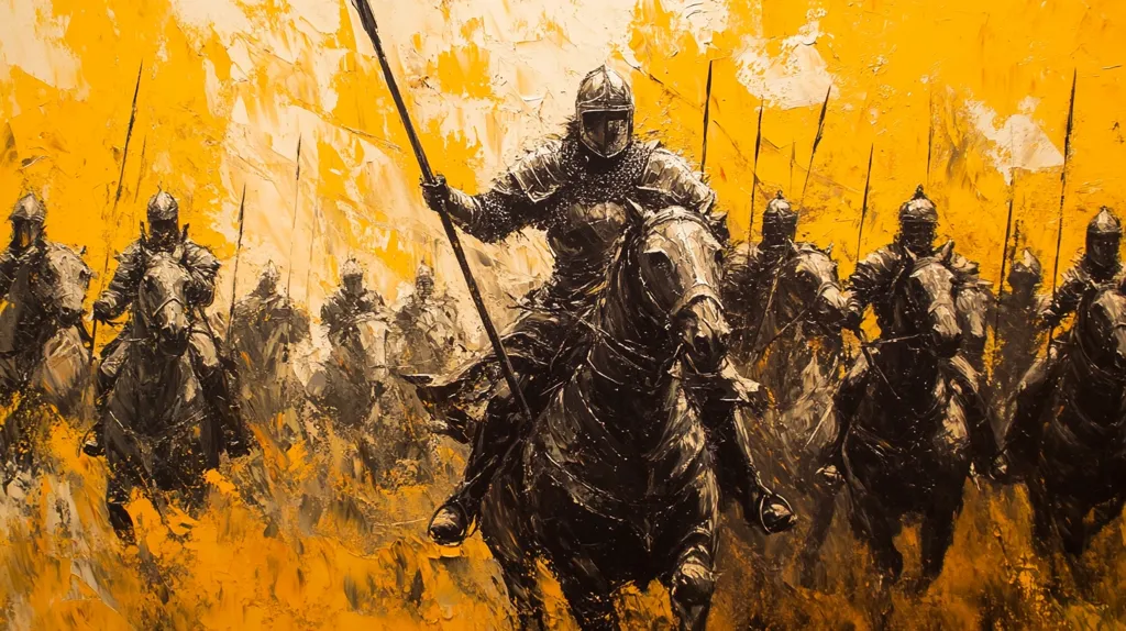 A group of armored knights on horseback charge into battle. The scene is painted in a loose style, with vibrant yellow and orange tones dominating the background. The knights' armor and horses are depicted in shades of gray and black, creating a stark contrast. The painting captures the raw energy and intensity of medieval warfare.