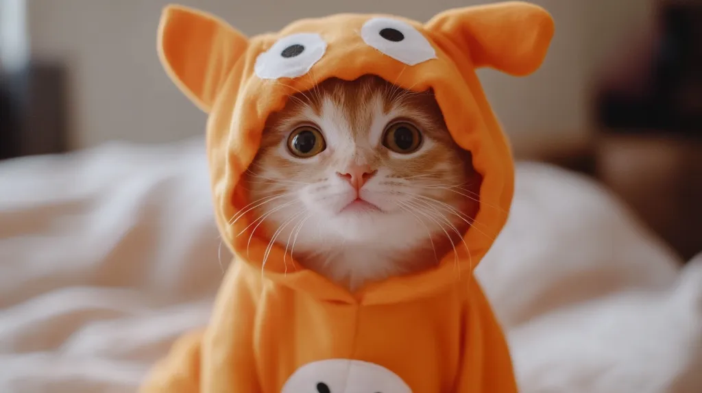 A cute orange tabby kitten is wearing a bright orange hooded sweater with big white eyes.  It is sitting on a white fluffy bed, looking directly at the camera with a curious expression.  The kitten's fur is soft and fluffy and its whiskers are prominent.  The sweater appears to be a bit too large for the kitten, adding to its cuteness.  The background is slightly blurred, making the kitten the main focus.  The image captures the innocence and playfulness of a young cat.