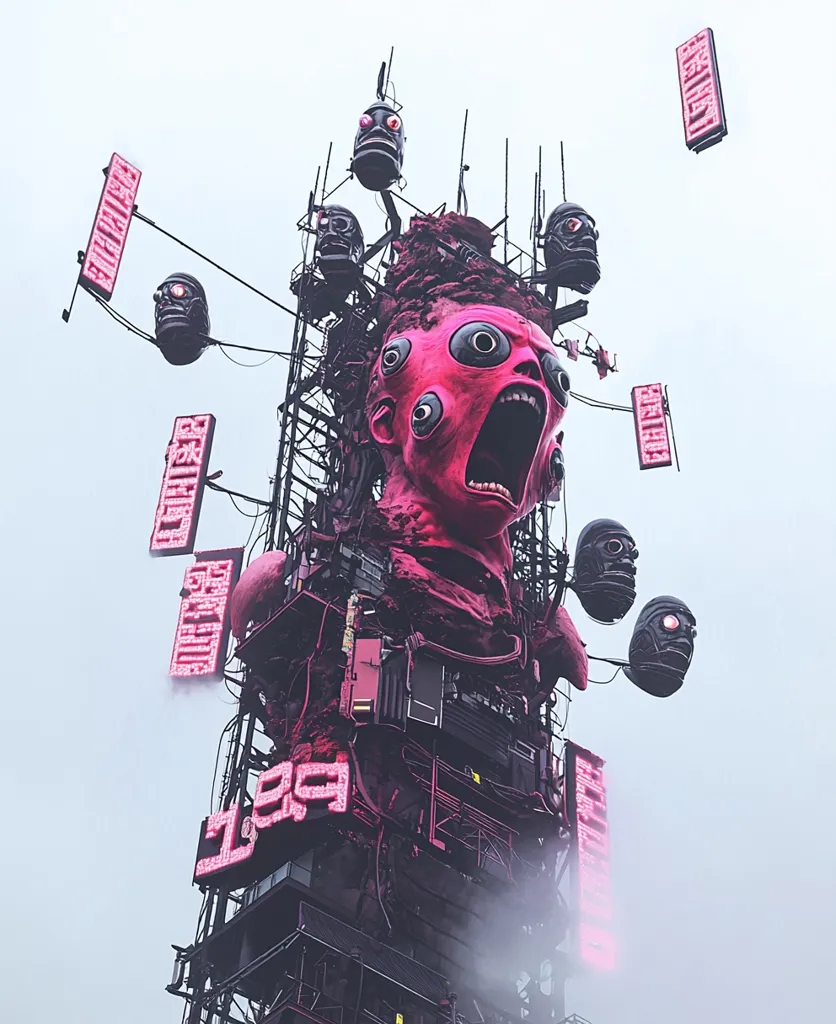 A towering metal structure with a monstrous pink head at the top. The head has multiple eyes and a gaping mouth. The structure is covered in wires and cables, and there are several small, dark figures attached to it. Pink signs with white lettering are scattered around the structure, some of which are falling from the sky.  The entire image has a dystopian and futuristic feel.