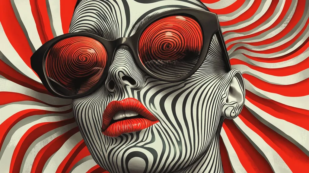The image depicts a close-up portrait of a woman with bold red lips. Her face is patterned with black and white stripes, creating a visually striking contrast. She wears oversized sunglasses with red, swirling lenses, adding to the psychedelic and surreal aesthetic. The background features a red and white striped pattern that mimics the woman's face, creating a sense of depth and dimension. The overall image is a captivating study in color, pattern, and perspective.