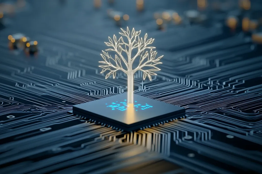 A glowing, white, digital tree stands tall, its branches reaching up towards the sky. The tree is positioned atop a black computer chip, which is embedded in a complex network of blue and white electrical circuits. The chip is glowing with a soft, golden light, and the image evokes a sense of hope and progress.