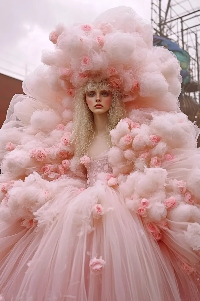 A woman with blonde curly hair wears a pink gown adorned with delicate, pale pink roses. The gown is voluminous and billowing, resembling a cloud of tulle and fabric flowers.  She has a soft, ethereal beauty, with porcelain skin and pink lips. The gown is a whimsical and enchanting design, creating a fairytale-like ambiance.  The overall image is dreamy and romantic.
