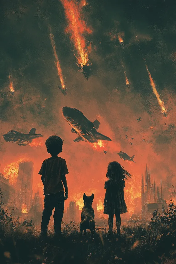 A dystopian scene of a fiery sky with falling flaming objects.  In the foreground, a young boy, girl and dog stand watching a burning city as multiple aircraft fly overhead. The image evokes feelings of destruction and despair.