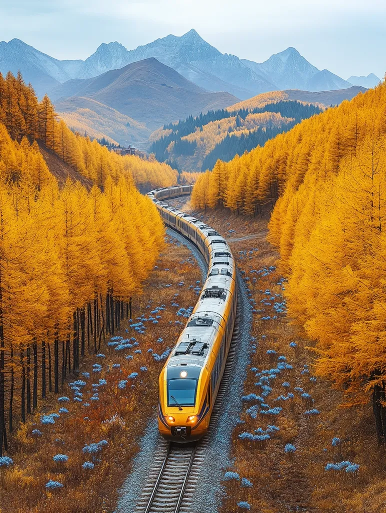 A yellow train travels through a valley with vibrant yellow trees on either side. The train winds its way through the valley, which is surrounded by snow-capped mountains in the distance. The scene is one of beauty and tranquility, as the train disappears into the distance, leaving behind a trail of golden leaves. The image captures the peaceful and picturesque beauty of nature.
