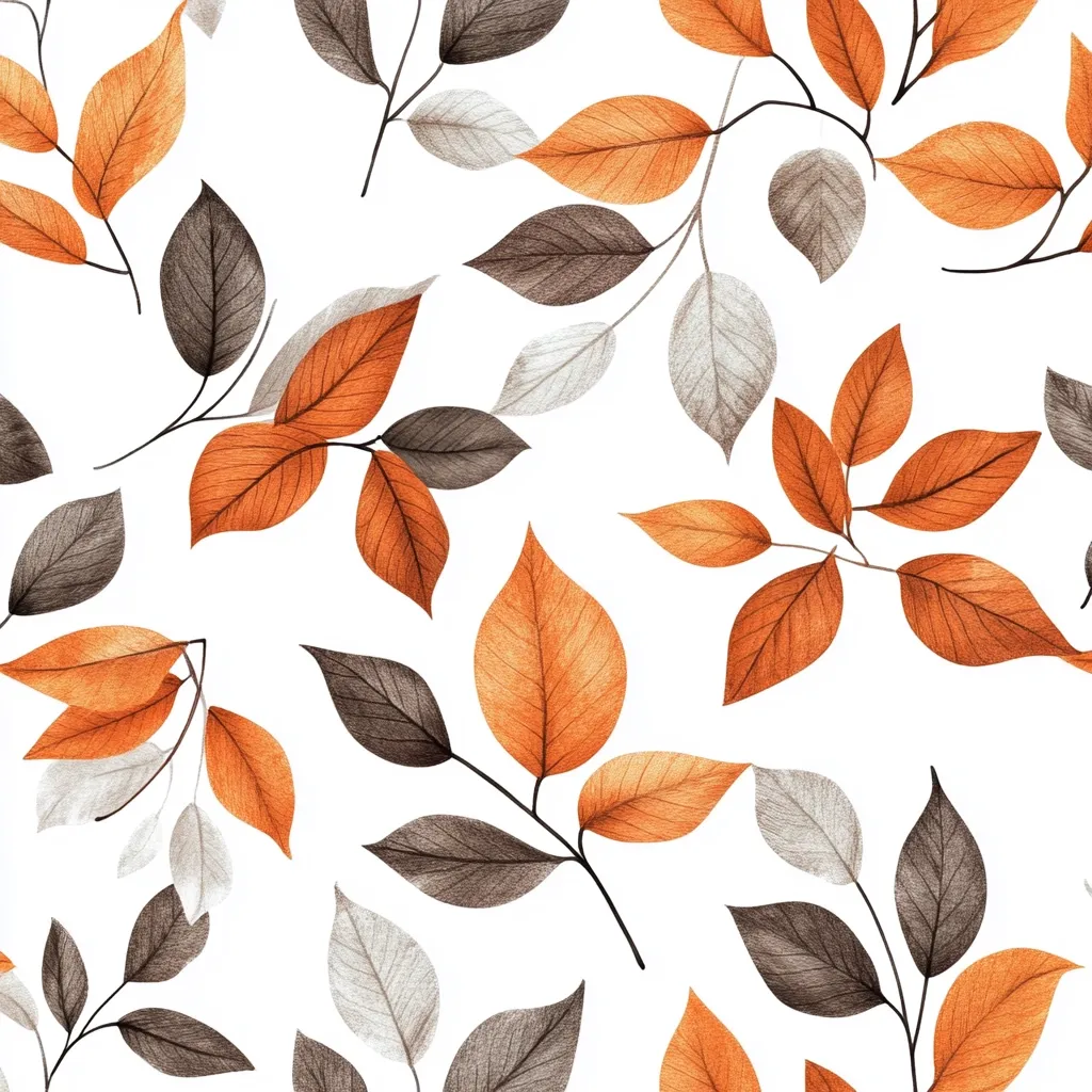 The image is a seamless pattern of leaves in shades of brown, orange, and gray. The leaves are arranged in a random pattern on a white background. The leaves are drawn in a watercolor style, with soft edges and subtle variations in color. The pattern is perfect for a variety of applications, such as fabric, wallpaper, or stationery.