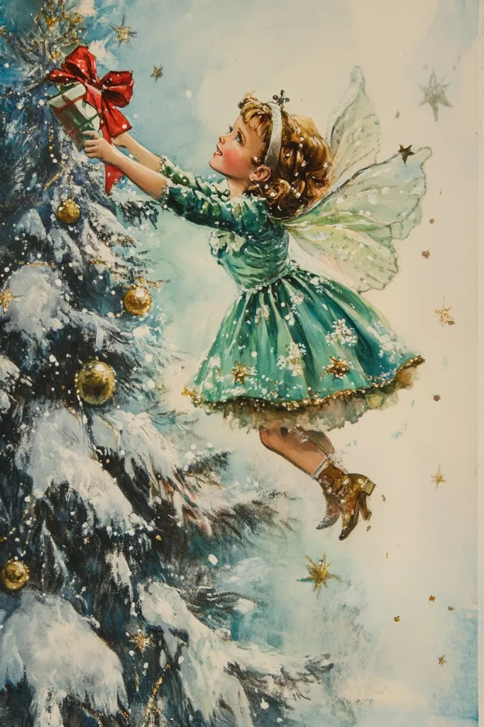 A young fairy, wearing a green dress and boots, hangs a present on a snow-covered Christmas tree. She has delicate wings and is smiling down at the gift. The background is filled with a watercolor wash of blues and whites, representing a snowy winter sky.  The scene evokes a sense of magic and wonder, reminiscent of a classic Christmas illustration.