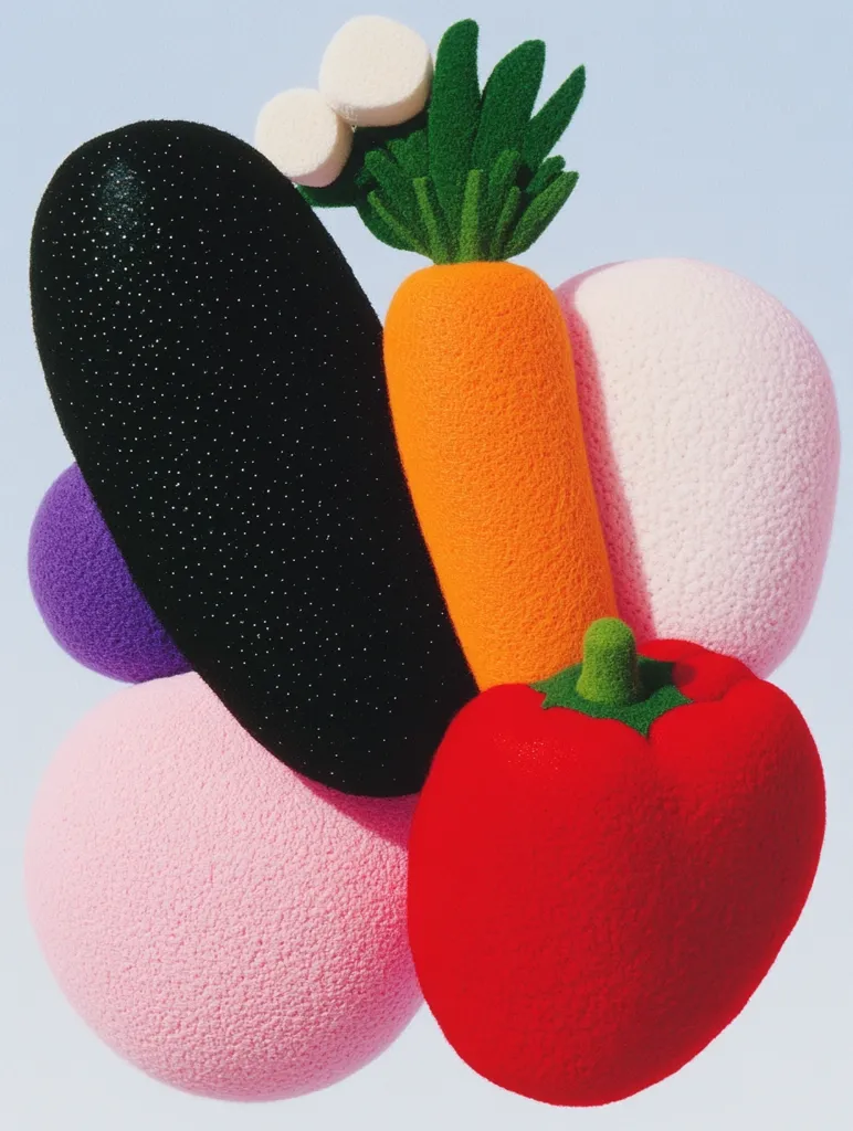 A cluster of colorful, textured, cartoon-like vegetables sits against a pale blue background.  A black eggplant is to the left, a bright orange carrot with green leaves to the right, a red pepper below, and two white mushrooms and a purple orb behind the carrot. The vegetables have a soft, fuzzy texture.