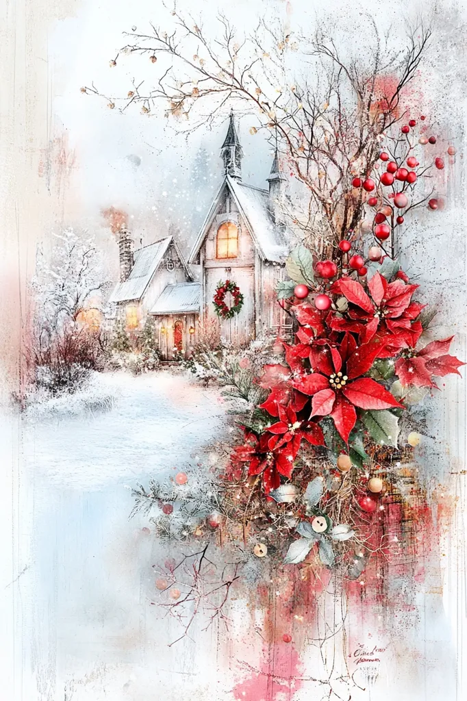 The painting depicts a snowy winter scene with a charming white cottage in the background.  The foreground is dominated by a vibrant cluster of red poinsettia blossoms, contrasting with the soft white and grey tones of the winter landscape. The overall impression is one of peacefulness and holiday cheer.  The snow-covered ground and the delicate branches of trees add to the wintry atmosphere.  The painting's soft brushstrokes and watercolor-like texture create a dreamy, romantic ambiance.