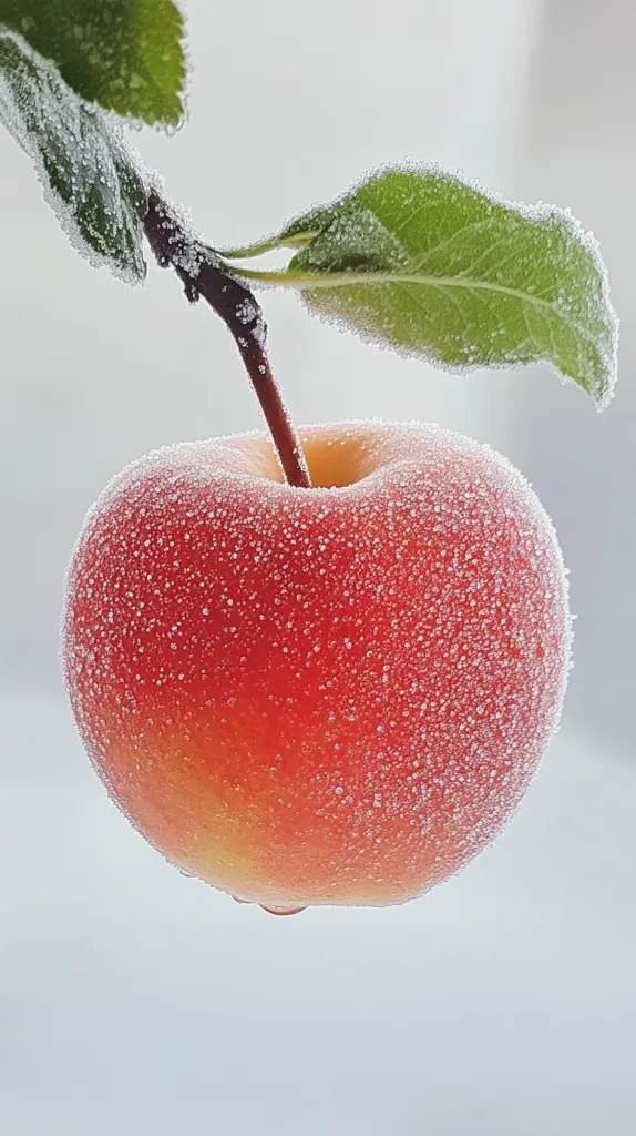 A red apple covered in frost hangs from a branch with two green leaves. The apple is round and smooth, with a slight yellow tinge around the stem. The frost creates a sparkling, shimmering effect on the surface of the apple. The leaves are also covered in frost and have a delicate, lacy appearance. The background is blurred, giving the image a soft, dreamy feel.