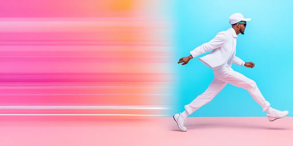 A man in a white suit and white cap, with sunglasses, is running towards the right side of the frame. The background is split down the middle, with a pink and orange blurred background on the left and a light blue background on the right. The man's legs are outstretched and his arms are moving in a running motion.